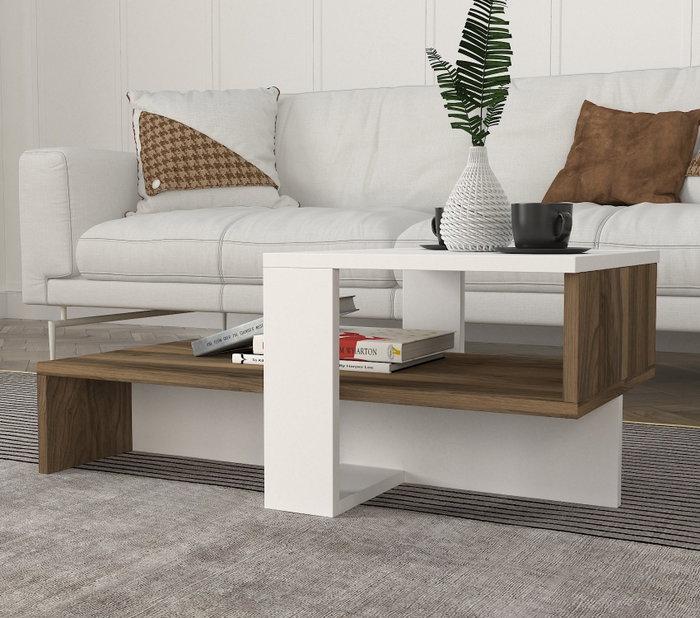 Hanah Home Mesa de Centro Escandinava Blanca y Nogal con Almacenamiento 80x43.6x32.6 cm